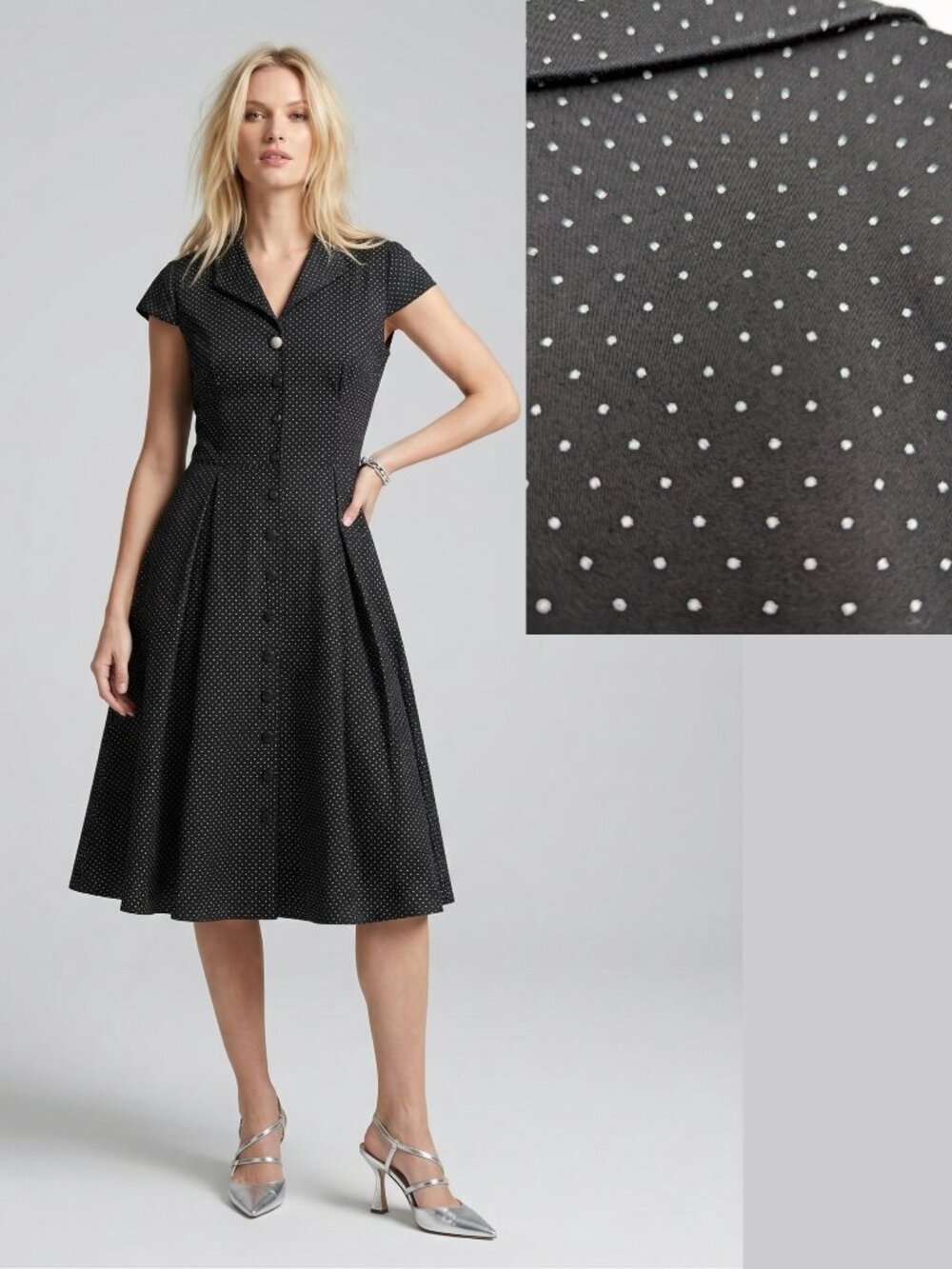 Vintage Cotton Polka Dot 60s-Inspired Fit & Flare Dress Black Full Button Front